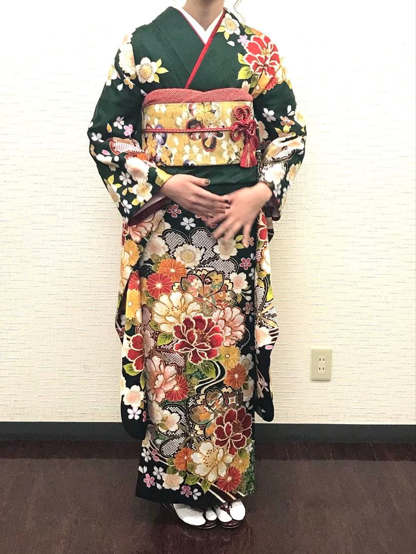 【トールサイズ】成人式　振袖 草履バックつき　古典柄　グリーン系　高身長