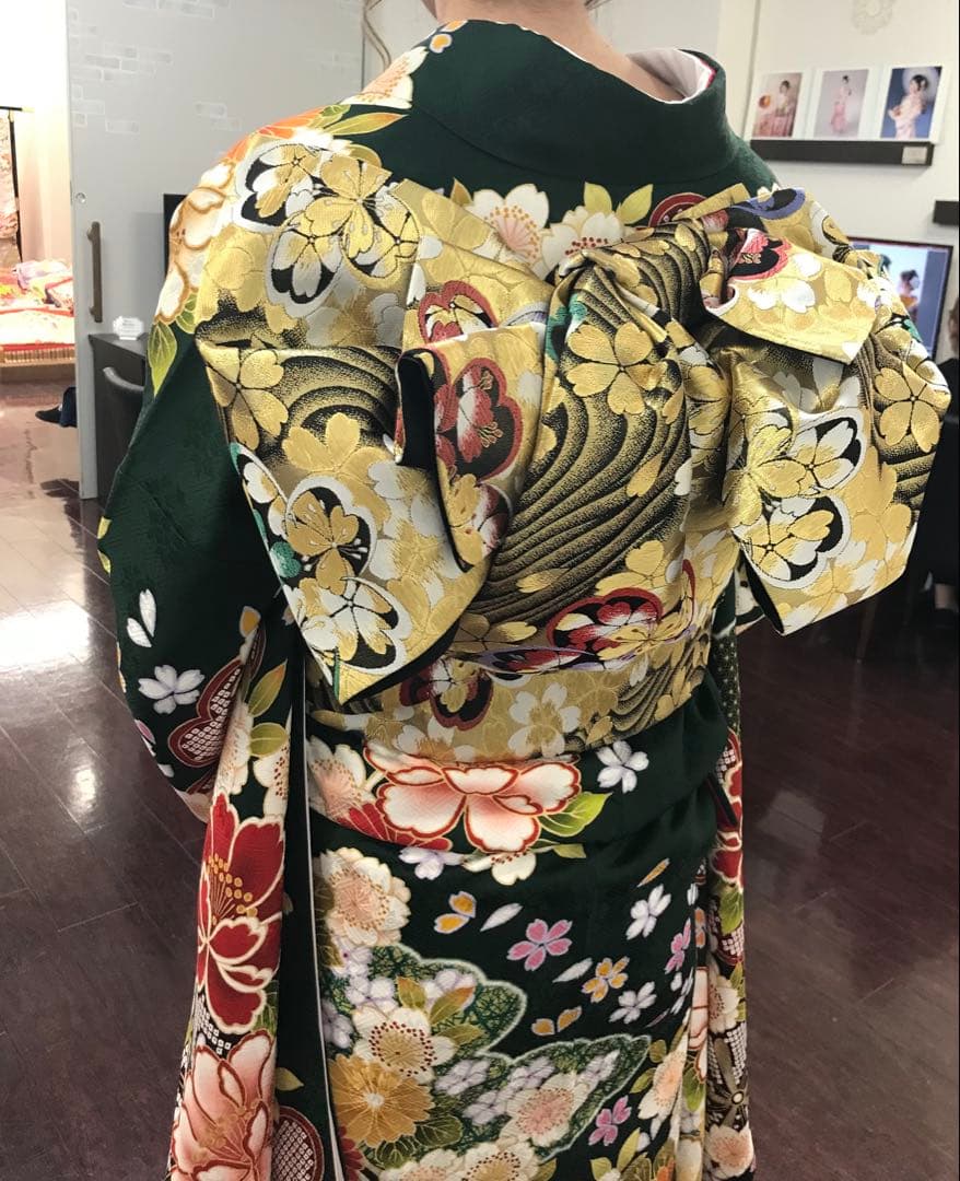 【トールサイズ】成人式　振袖 草履バックつき　古典柄　グリーン系　高身長