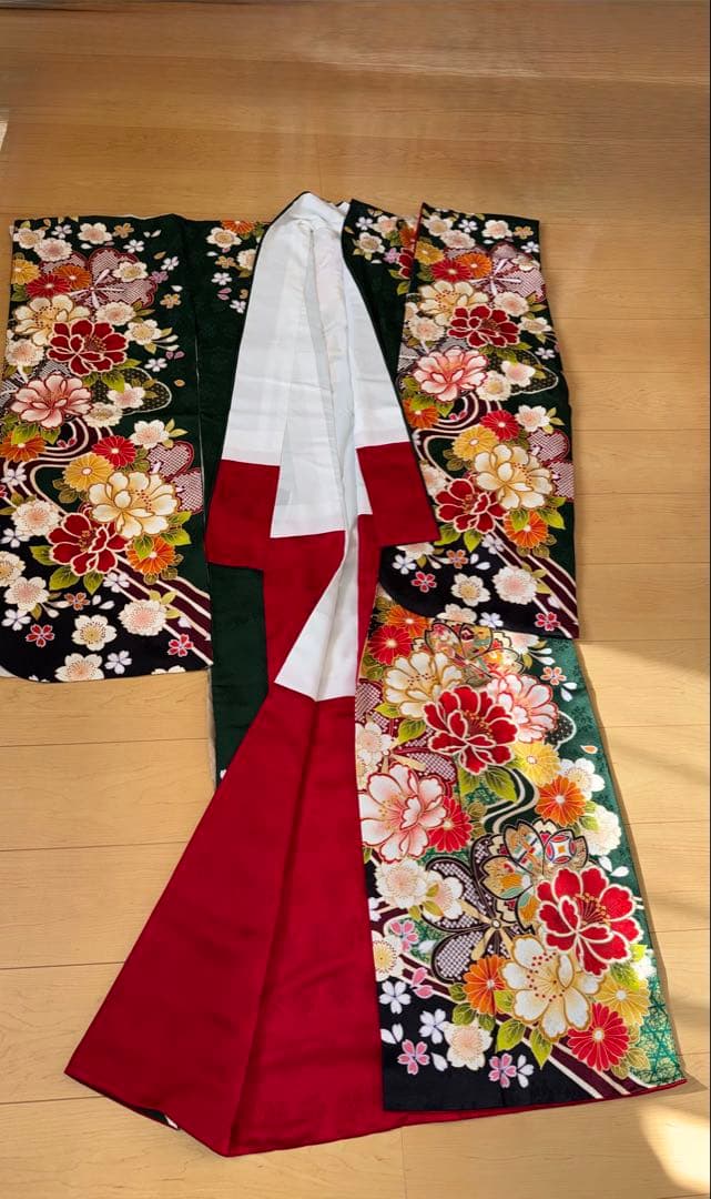 【トールサイズ】成人式　振袖 草履バックつき　古典柄　グリーン系　高身長