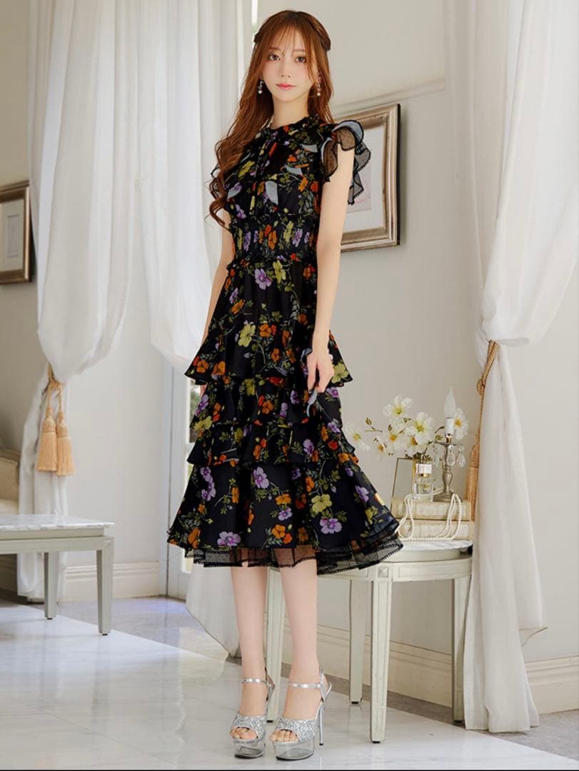 Settan/花柄フリル袖シフォンフレアドレス