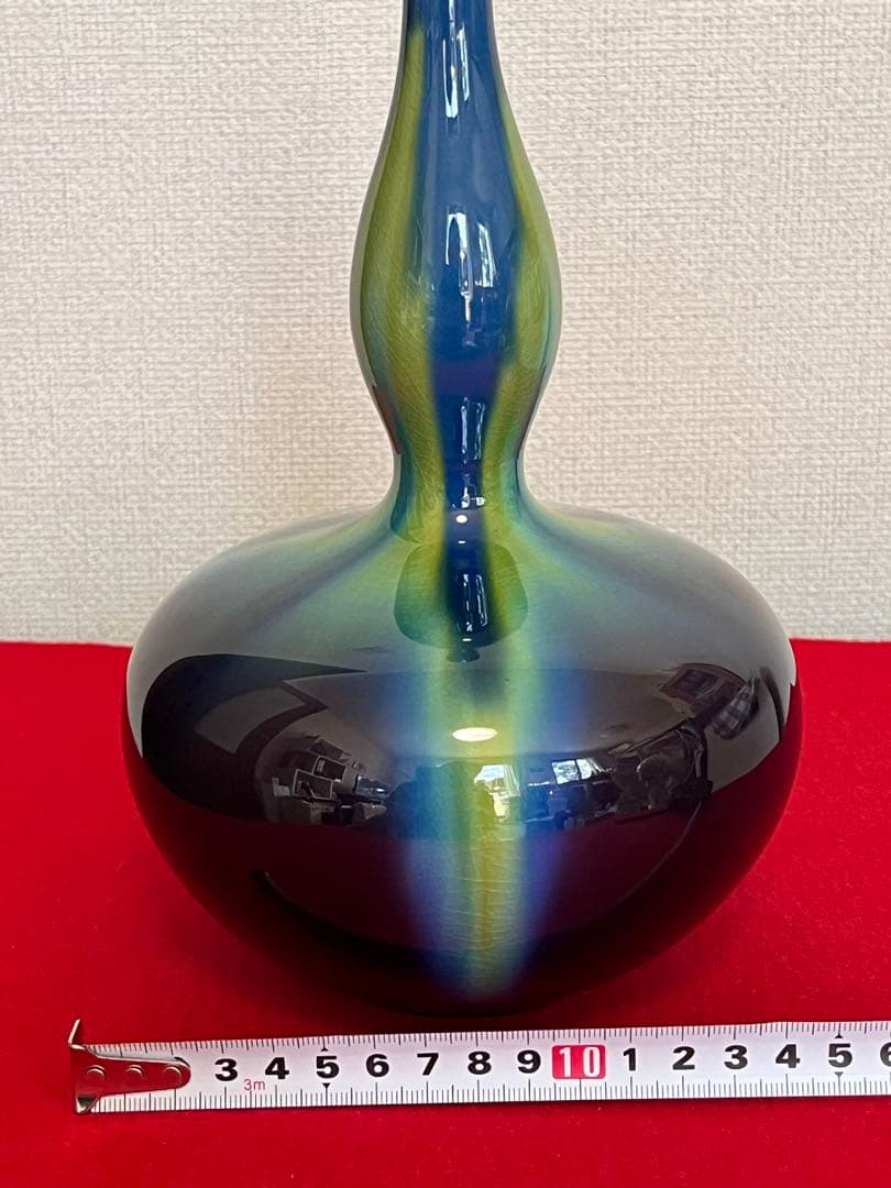 三代 人間国宝 徳田八十吉（正彦銘）碧明釉 瓢型 花生 約24㎝ T288