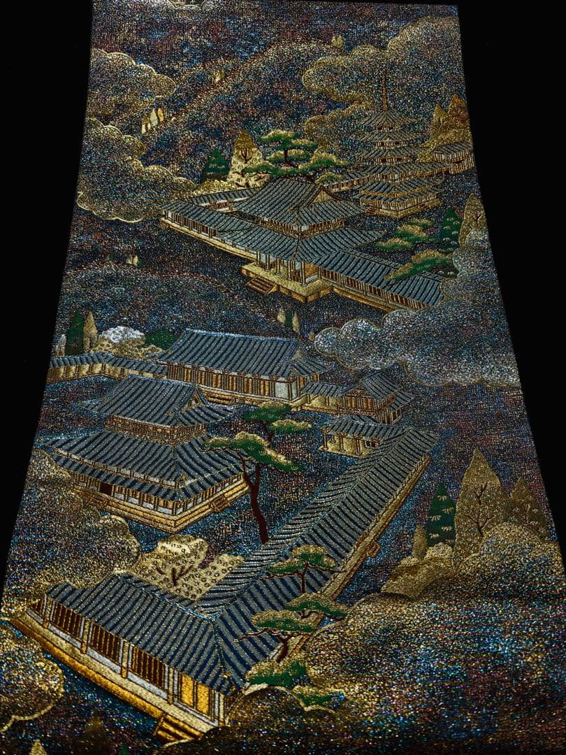 【超美品】袋带 六通 彩きらら織 キラキラ 宝石　青シルバー金