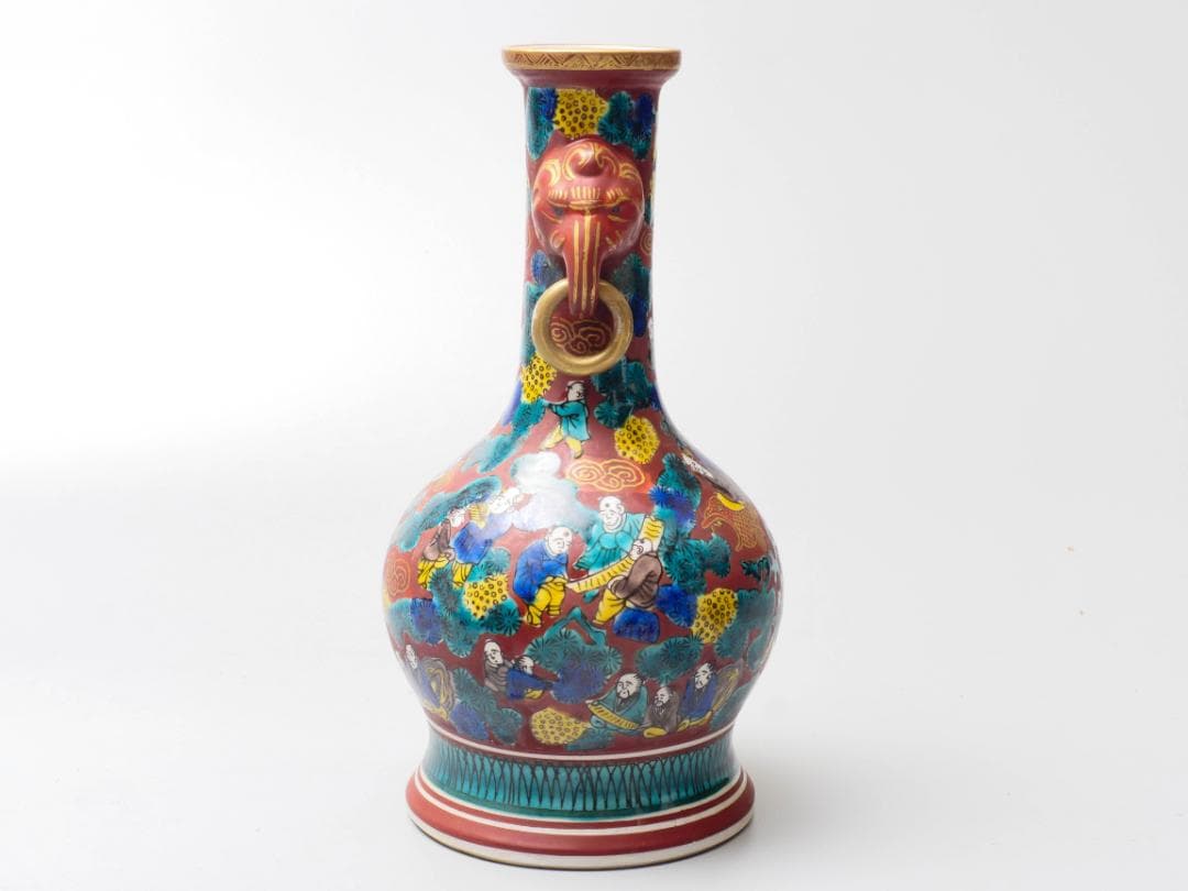 青木木米作 九谷焼 色絵金彩松賢人図 象双耳遊環花瓶 高さ23.5cm