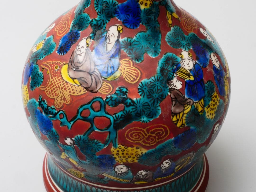 青木木米作 九谷焼 色絵金彩松賢人図 象双耳遊環花瓶 高さ23.5cm