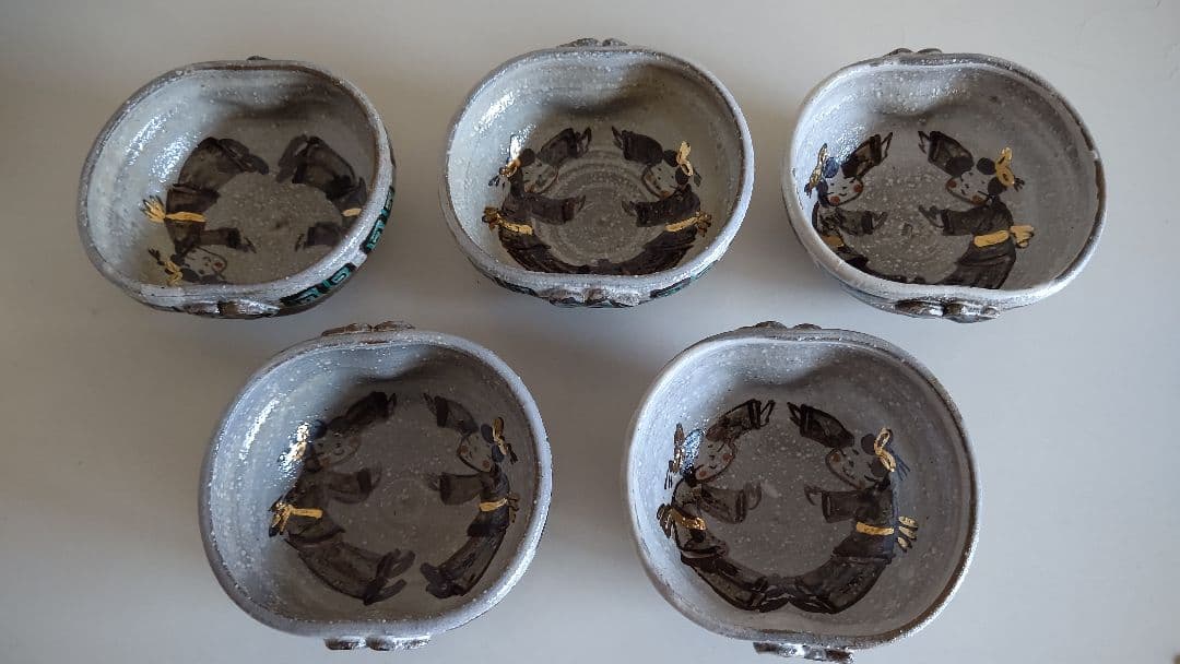 九谷焼 女流作家 鈴木晶子作 唐人 楕円小鉢揃 5客