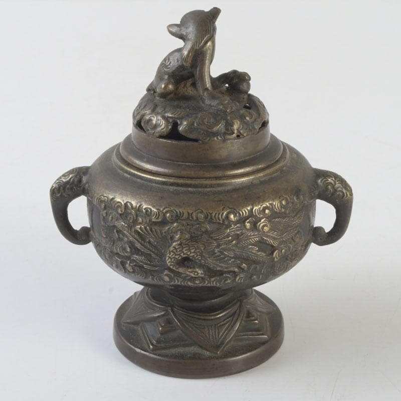中国　古銅宣徳銅　獅子摘　龍鳳凰刻　蓋爐　香炉　V　9622