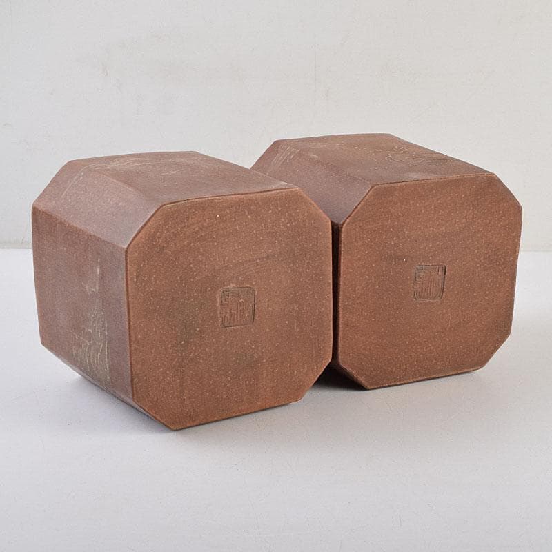 中国　紫砂　朱泥　山水漢詩文　一対　茶入　茶壷　在銘　V　R9473