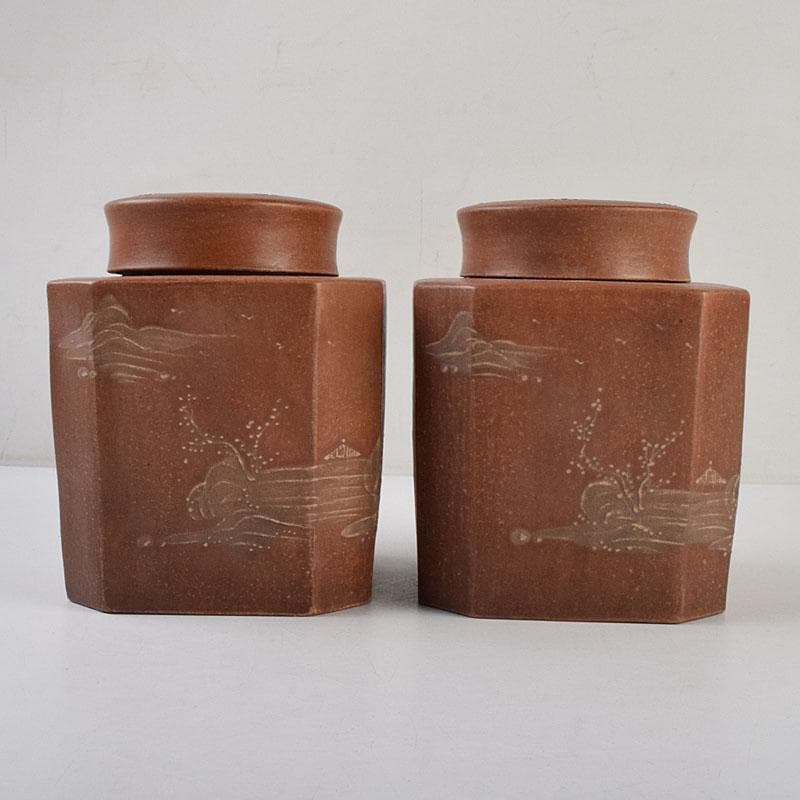 中国　紫砂　朱泥　山水漢詩文　一対　茶入　茶壷　在銘　V　R9473
