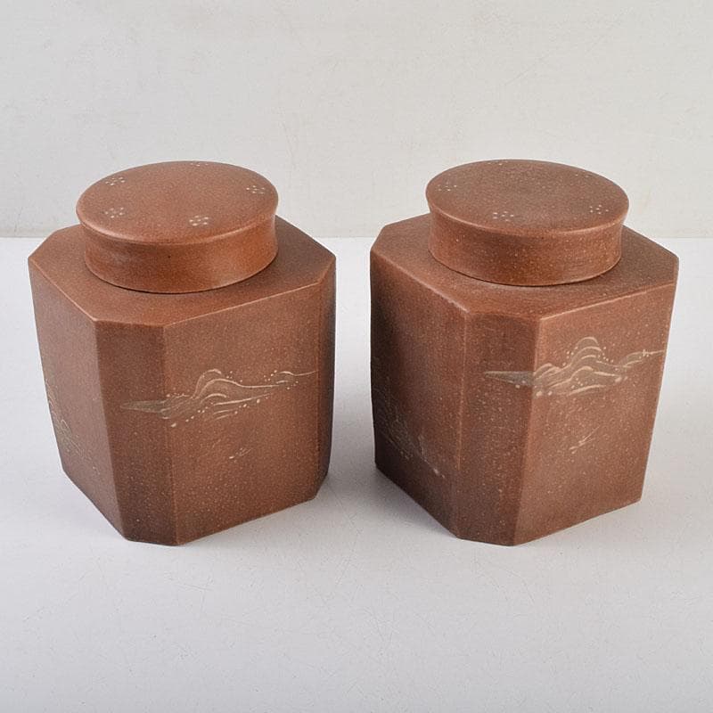 中国　紫砂　朱泥　山水漢詩文　一対　茶入　茶壷　在銘　V　R9473