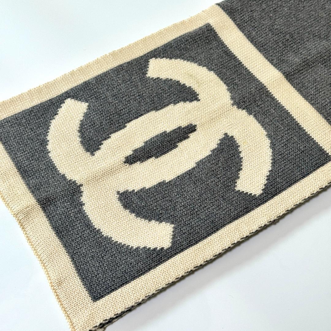 CHANEL シャネル ココマーク ニットマフラー ストール グレー/アイボリー