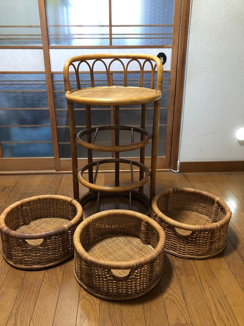ラタン製 3段収納バスケット
