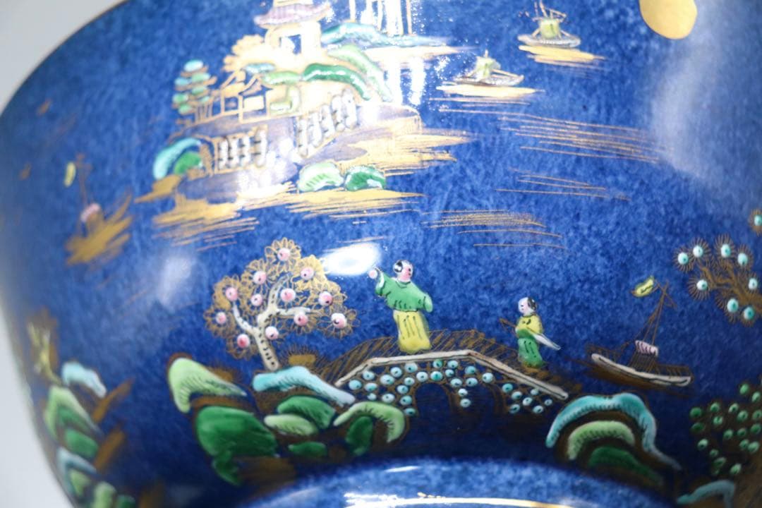 中国　清時代　瑠璃釉粉彩　山水楼閣紋お碗　送料込み1214