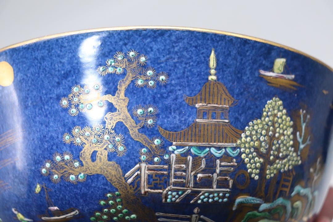 中国　清時代　瑠璃釉粉彩　山水楼閣紋お碗　送料込み1214