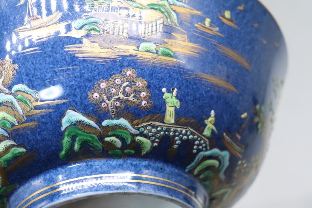 中国　清時代　瑠璃釉粉彩　山水楼閣紋お碗　送料込み1214