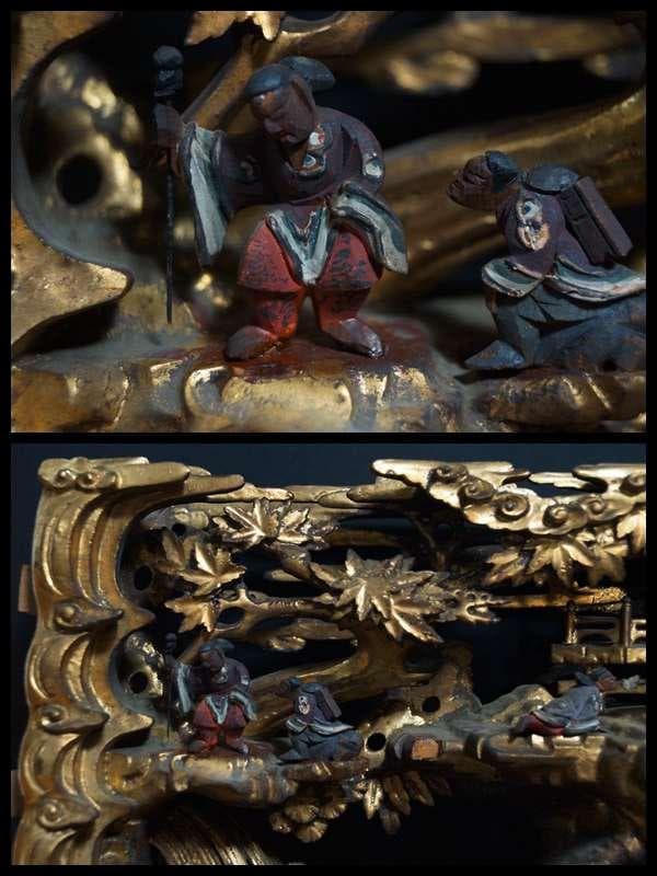 江戸末期一刀彫り高浮彫『人物風景図』 木造彩漆金箔張る 弓欄間 欄間飾り仏教美術