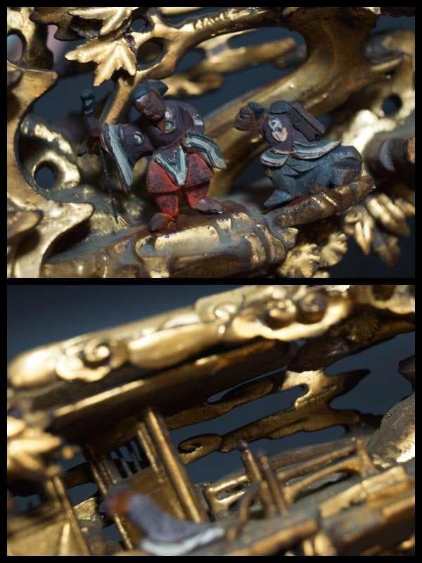 江戸末期一刀彫り高浮彫『人物風景図』 木造彩漆金箔張る 弓欄間 欄間飾り仏教美術