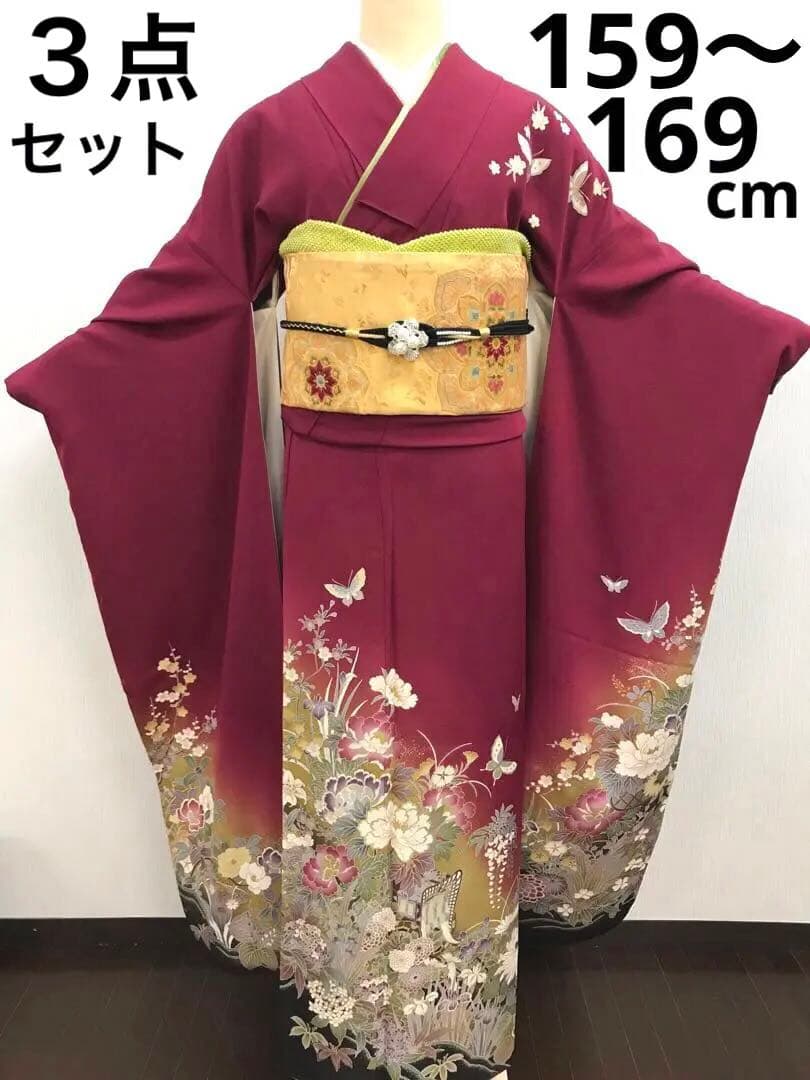 梅乃【055】正絹　振袖　セット深みのボルドー　大人レッド　シック