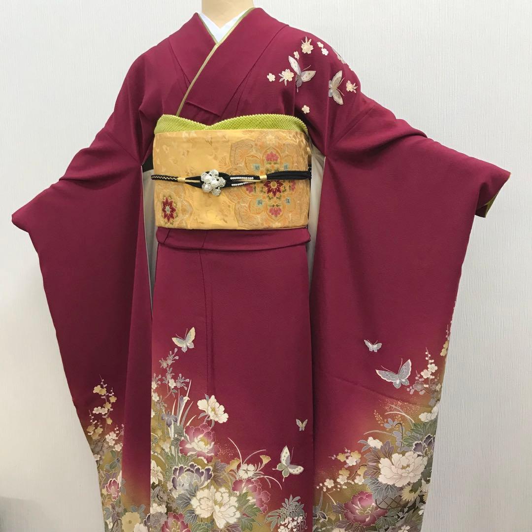 梅乃【055】正絹　振袖　セット深みのボルドー　大人レッド　シック