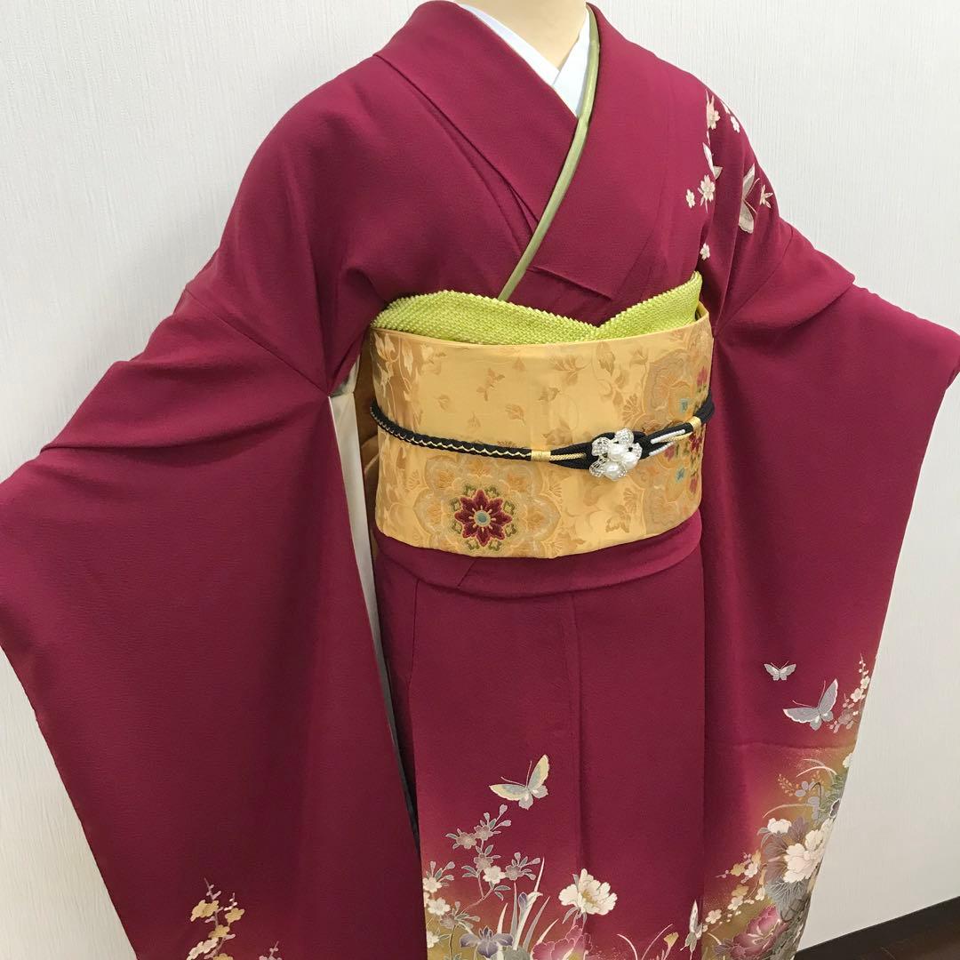 梅乃【055】正絹　振袖　セット深みのボルドー　大人レッド　シック