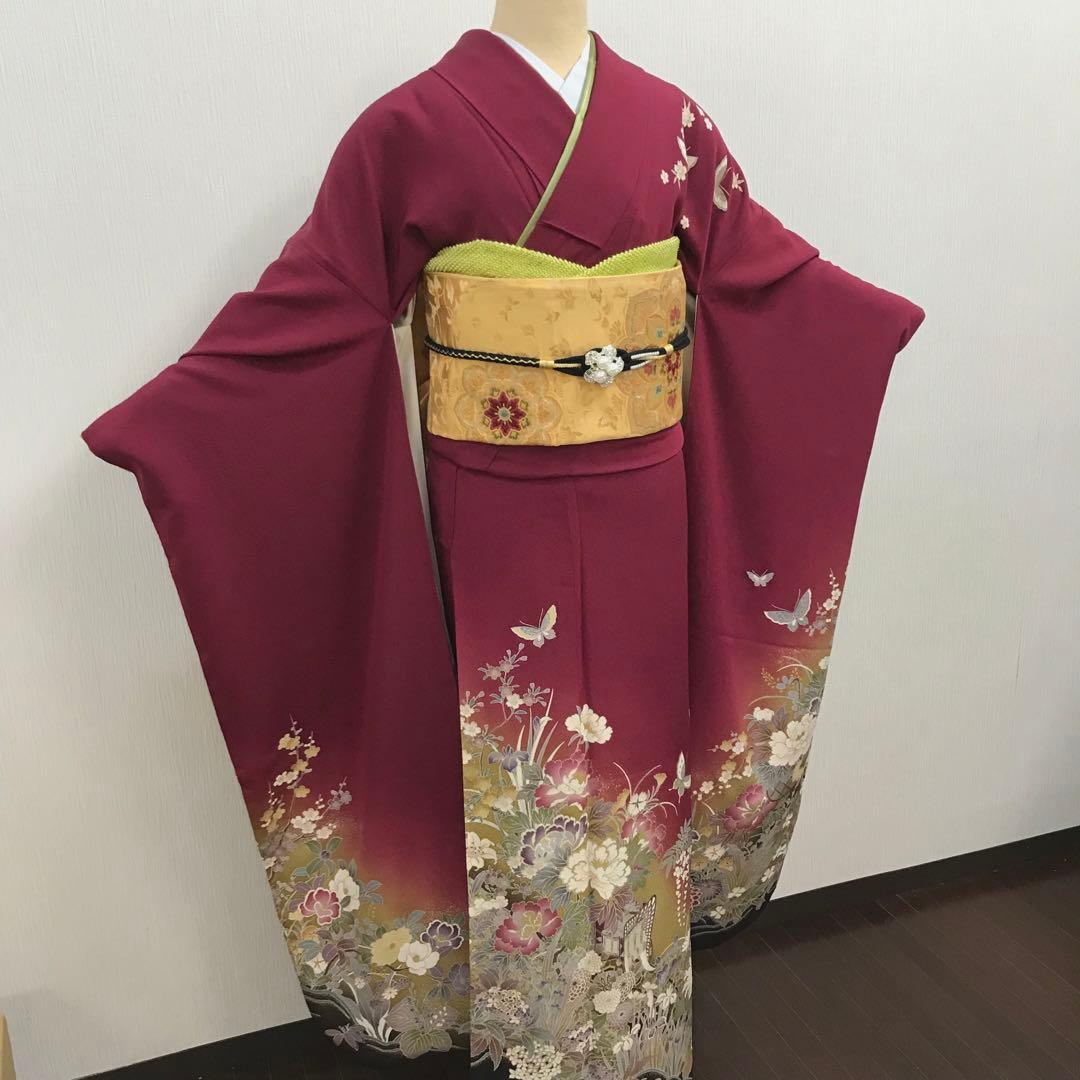 梅乃【055】正絹　振袖　セット深みのボルドー　大人レッド　シック