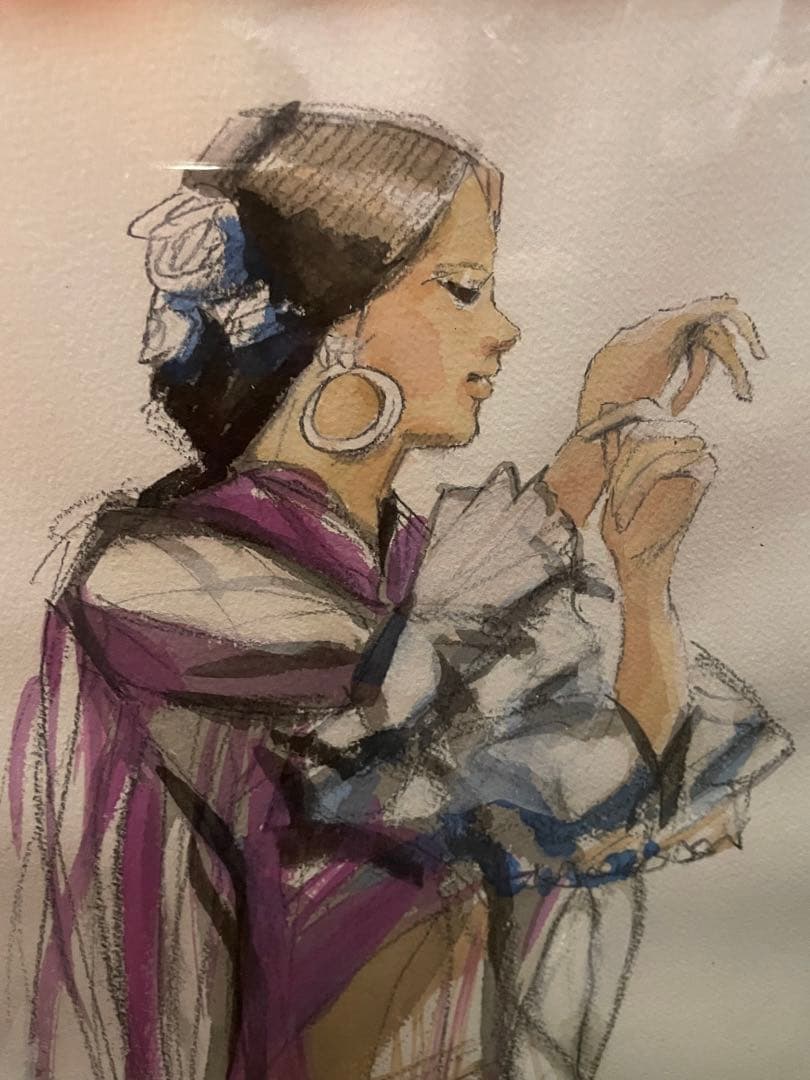 真作　蔵出し　斎藤三郎作「セビリヤの娘」(二科会員) 水彩　作者直筆サイン