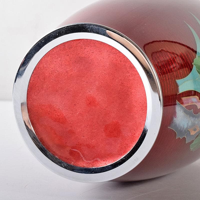 七宝焼　赤透明釉　四君子文　花瓶　唐木台付　共箱　M　R8361