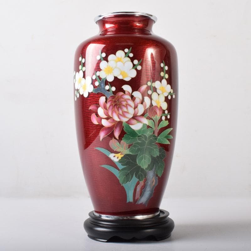七宝焼　赤透明釉　四君子文　花瓶　唐木台付　共箱　M　R8361