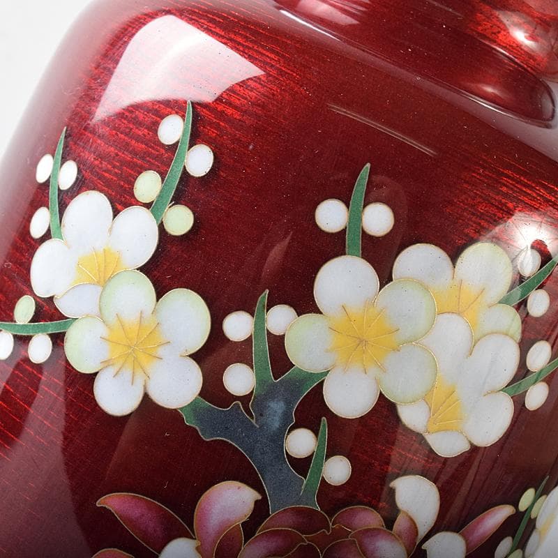 七宝焼　赤透明釉　四君子文　花瓶　唐木台付　共箱　M　R8361