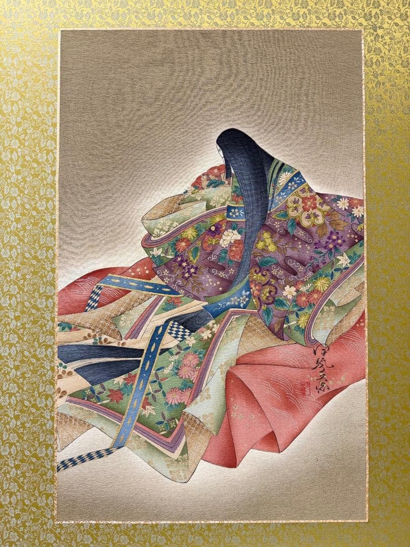 T29 京友禅伝統工芸士「樽本伊勢蔵」二枚折屏風 正絹生地 京の名工 和装着物