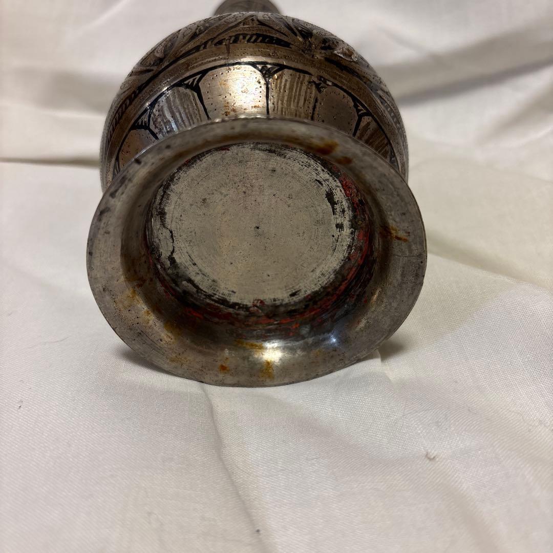 【希少】　インド工芸 ビドリ焼き 銀象嵌 黒地 花瓶 伝統金属工芸