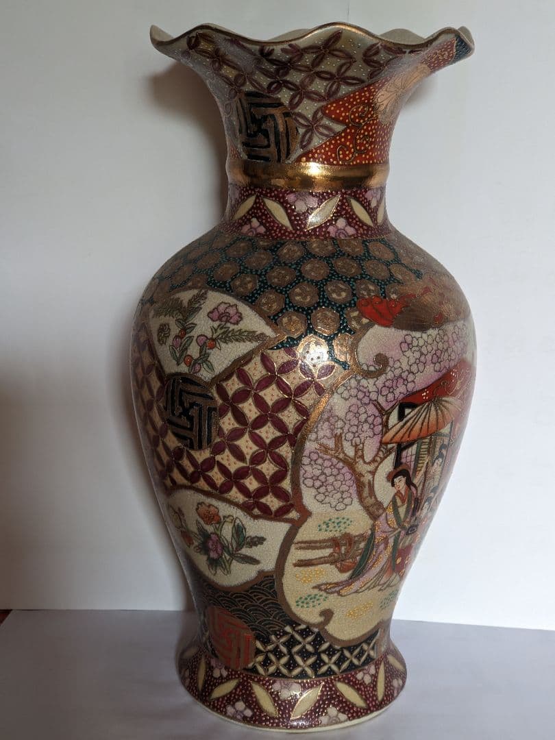 ♦越前 九谷焼 金彩色絵 花車遊女図 飾り壺 瓶花瓶 工芸品 コレクション骨董品