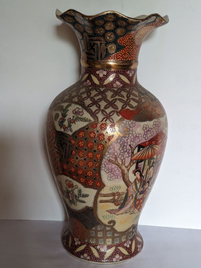 ♦越前 九谷焼 金彩色絵 花車遊女図 飾り壺 瓶花瓶 工芸品 コレクション骨董品