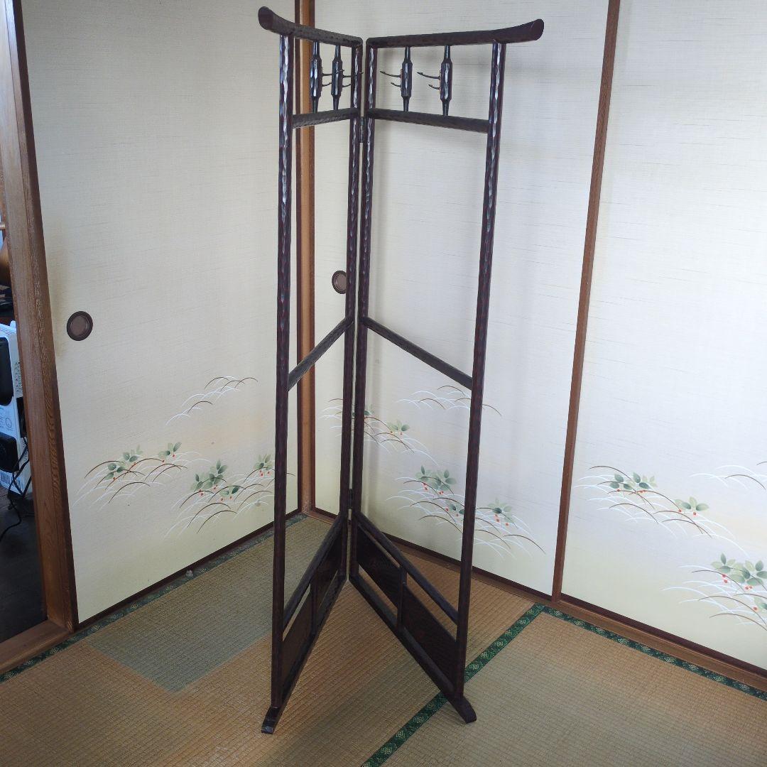 昭和レトロ 折りたたみ衣桁 鎌倉彫 木製 古民具 着物掛け ハンガーラック