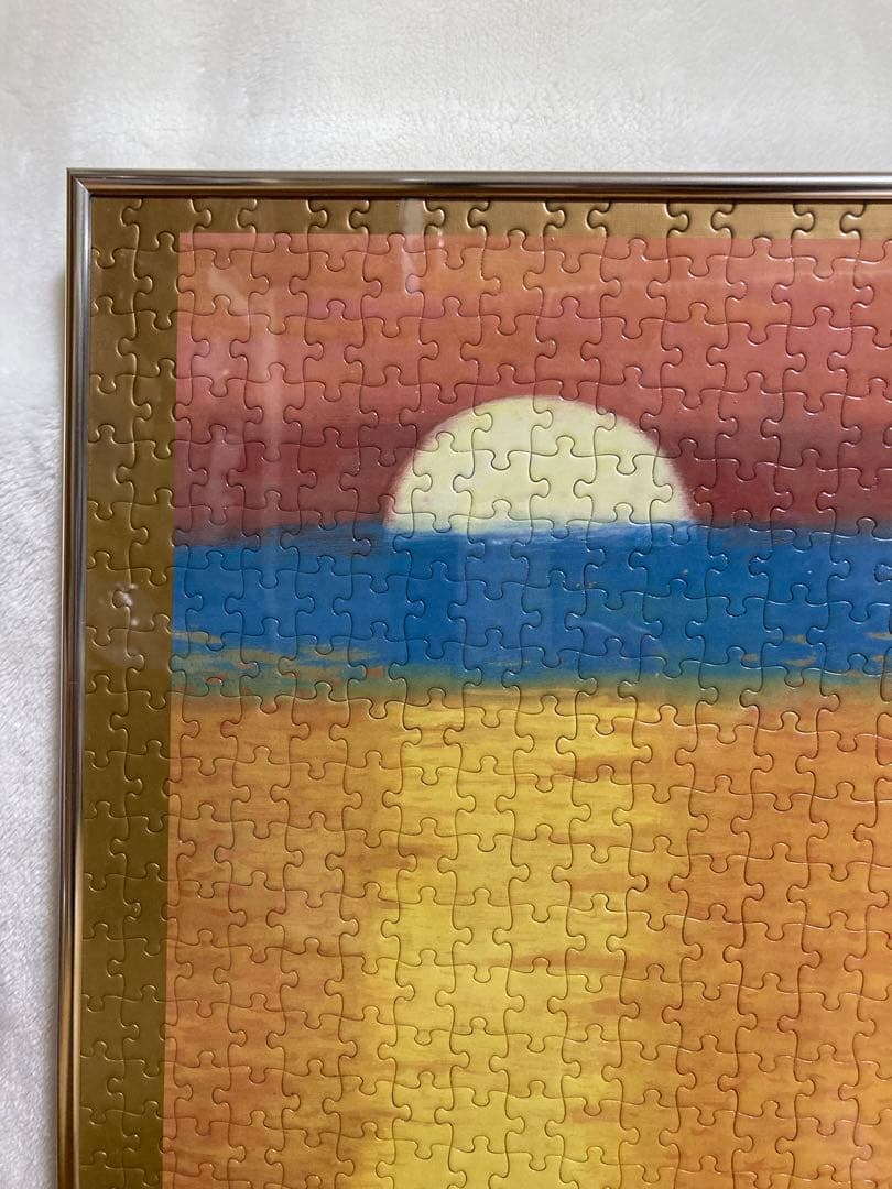 千P⑫夕日にボートと鳥　ジグソーパズル　金属額　長良川の鵜飼？夕暮れに飛ぶ鵜かね