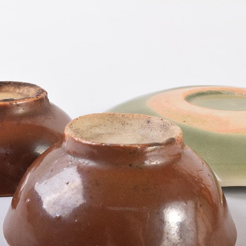 中国　唐物　龍泉窯　青磁盃台　柿釉煎茶器２客　三点まとめて　V　R7569