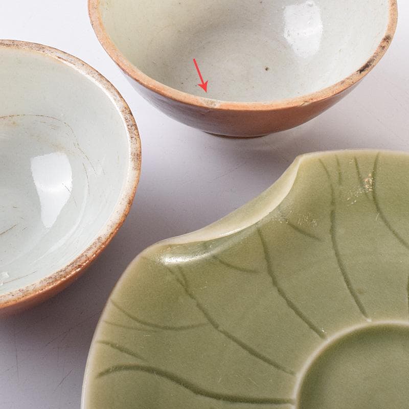 中国　唐物　龍泉窯　青磁盃台　柿釉煎茶器２客　三点まとめて　V　R7569