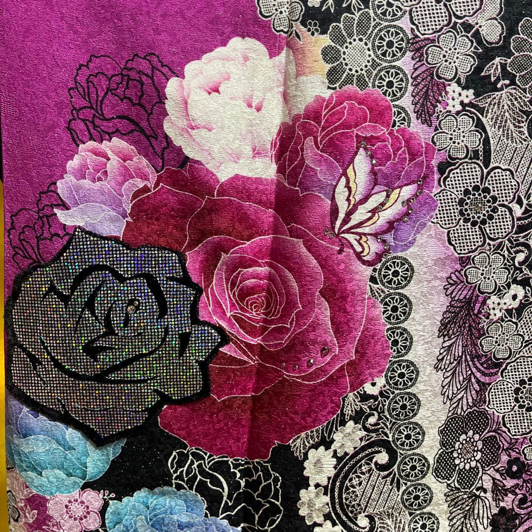 振袖　正絹　成人式　黒　ローズピンク