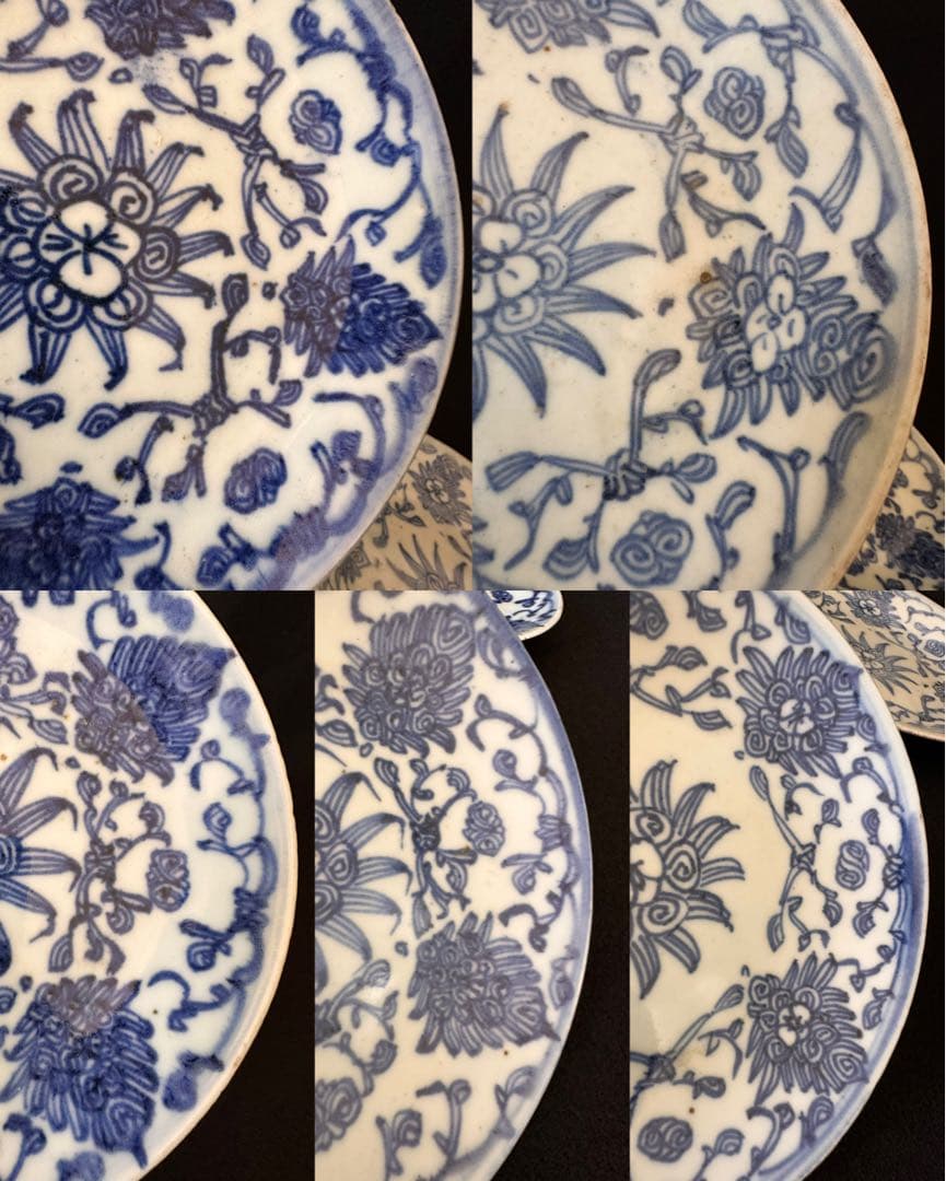 中国美術　清時代　染付花図中皿五枚セット　直径約17.5cm 古美術