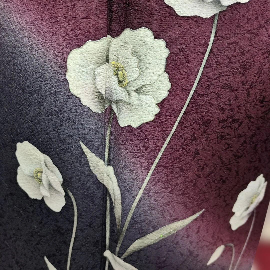 付下げ ワインレッド 花柄刺繍着物とお太鼓柄の帯セット