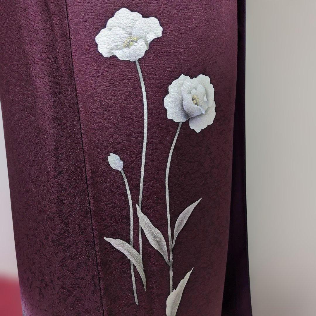 付下げ ワインレッド 花柄刺繍着物とお太鼓柄の帯セット