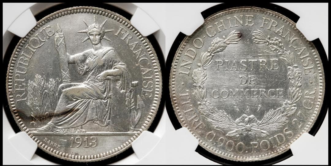 NGC-AU 1913A 洗浄 フランス領インドシナ ピアストル 銀貨女神座像