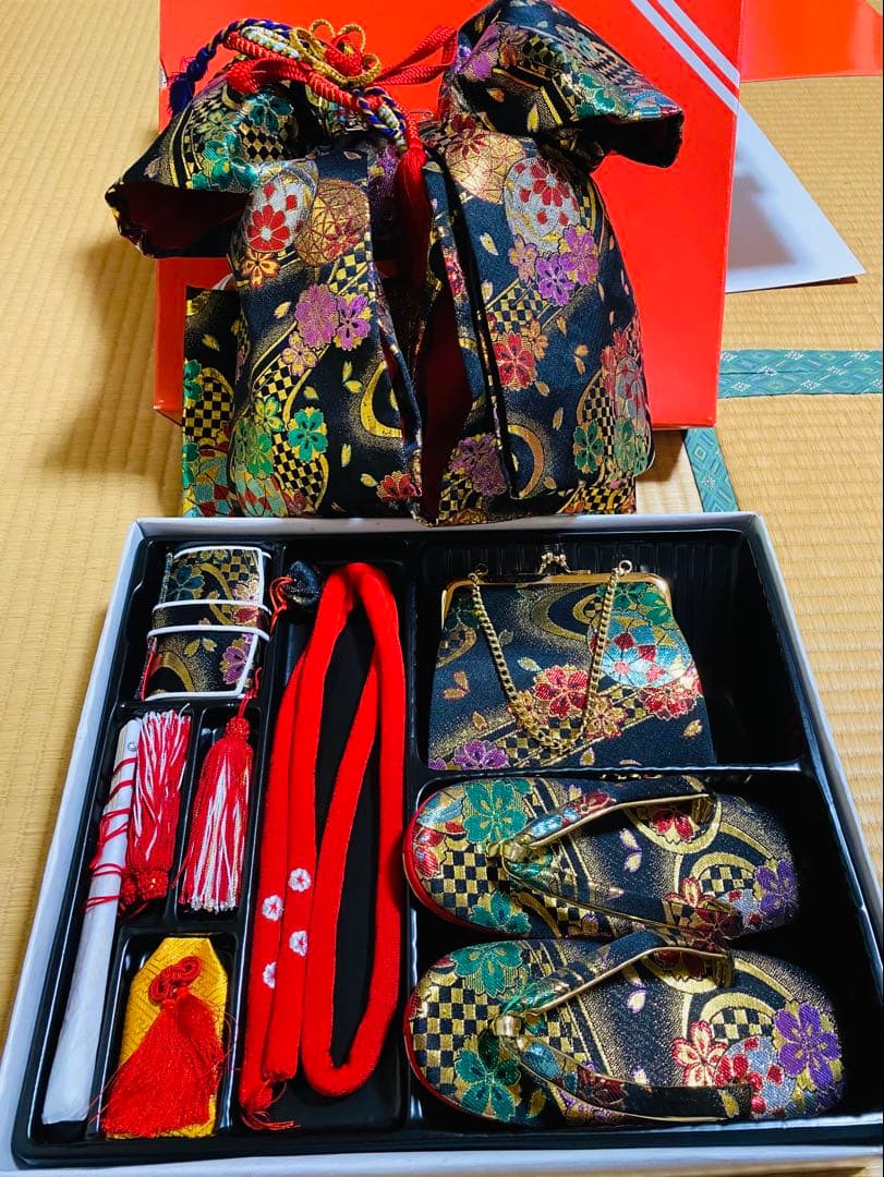 七五三　7歳　作り帯　結び帯　帯　ハコセコセット　黒系　草履　和装バック　超美品