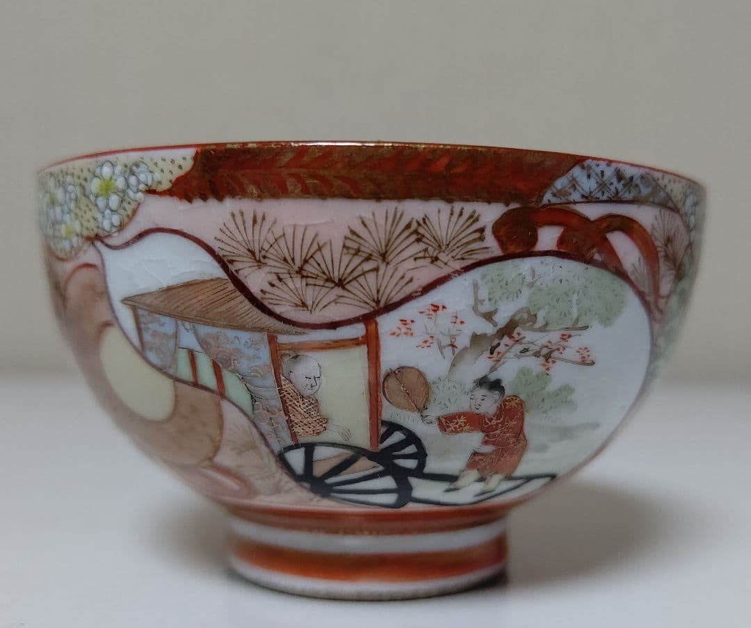 九谷焼 煎茶揃え 7点 茶器 茶道具 赤 ピンク 金 アンティーク