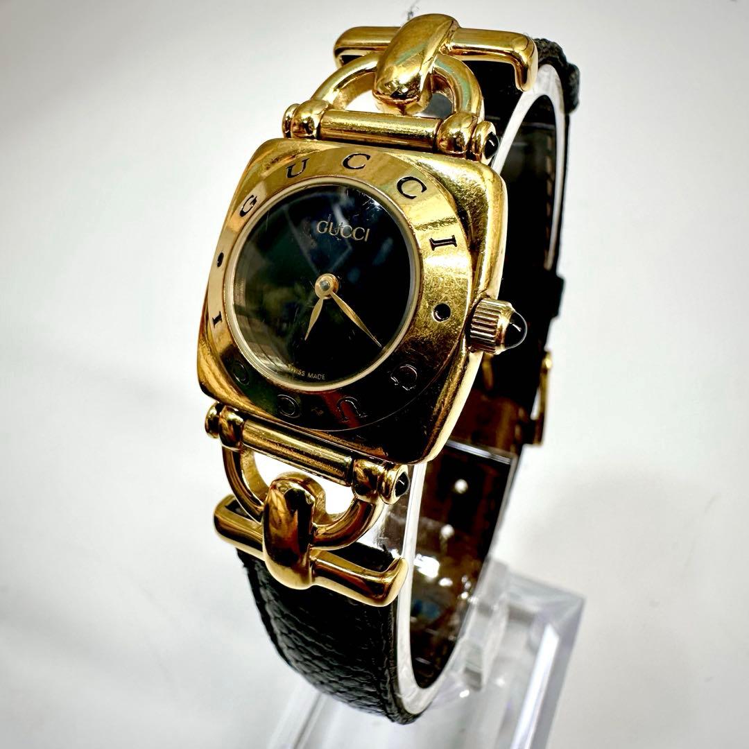 GUCCI★グッチ 時計 ホースビット腕時計 レディースゴールド 黒レザーベルト