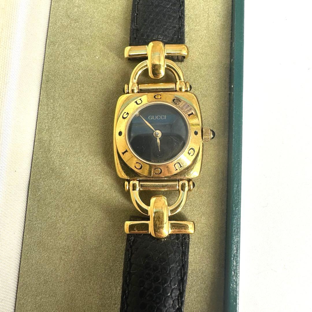 GUCCI★グッチ 時計 ホースビット腕時計 レディースゴールド 黒レザーベルト