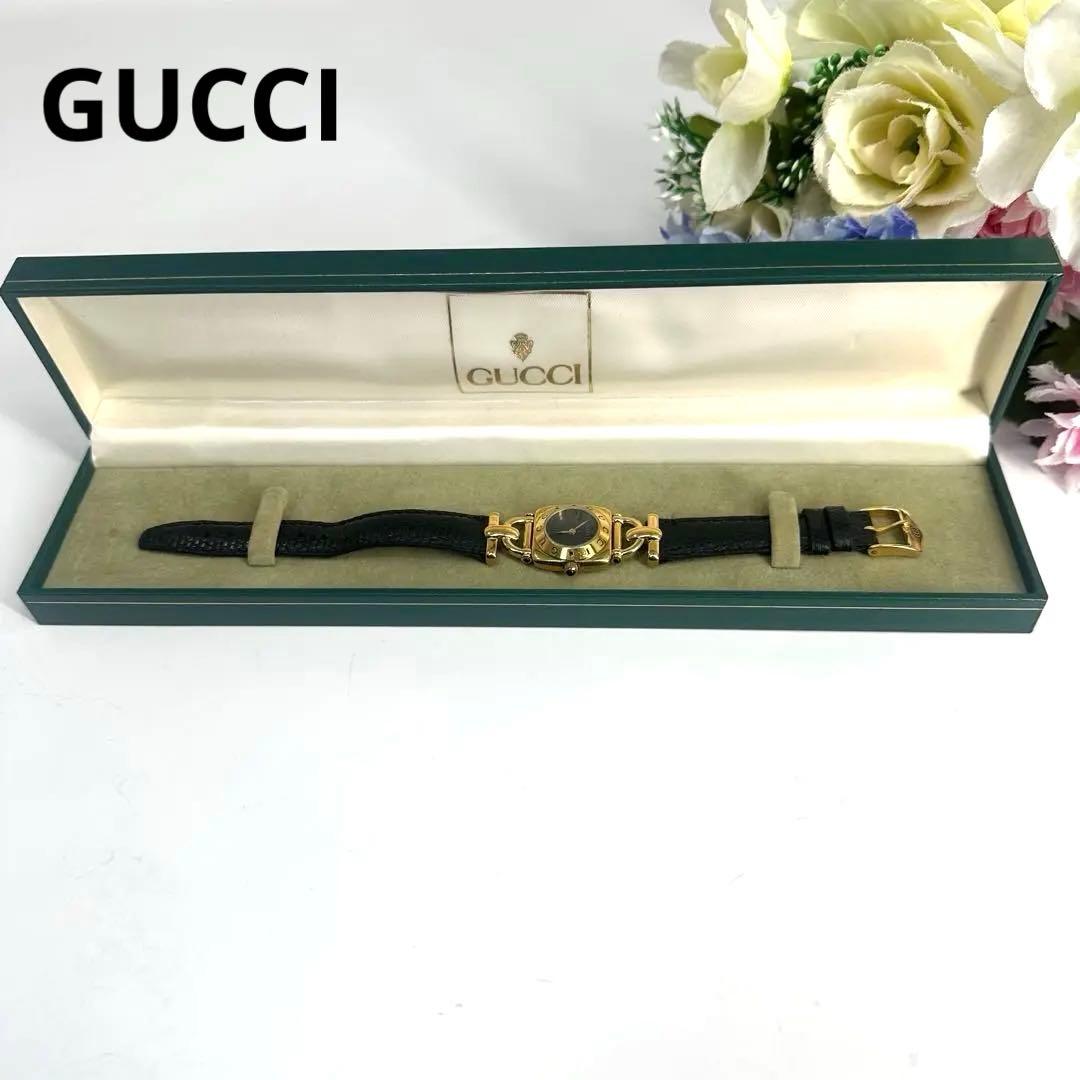 GUCCI★グッチ 時計 ホースビット腕時計 レディースゴールド 黒レザーベルト