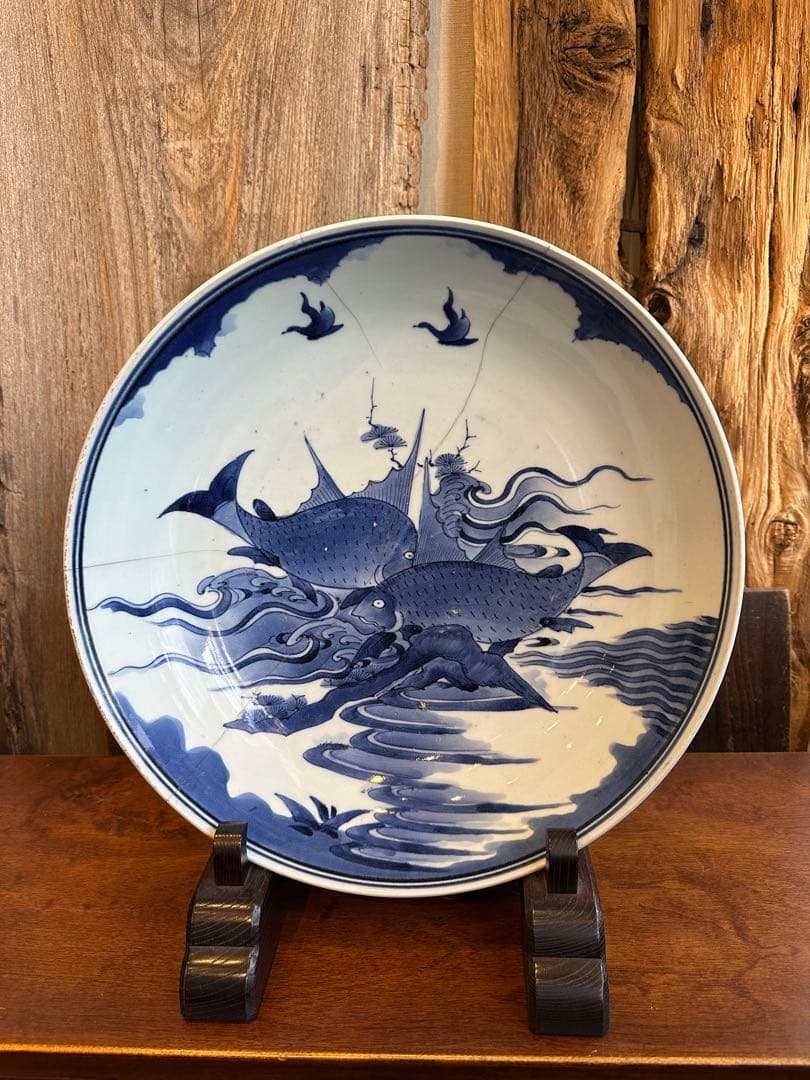 古伊万里　魚紋様　染付　大皿　江戸時代中期　有田焼き