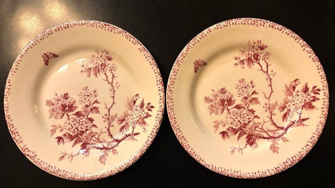 フランスアンティークプレート　赤色　花と蝶 2枚セット