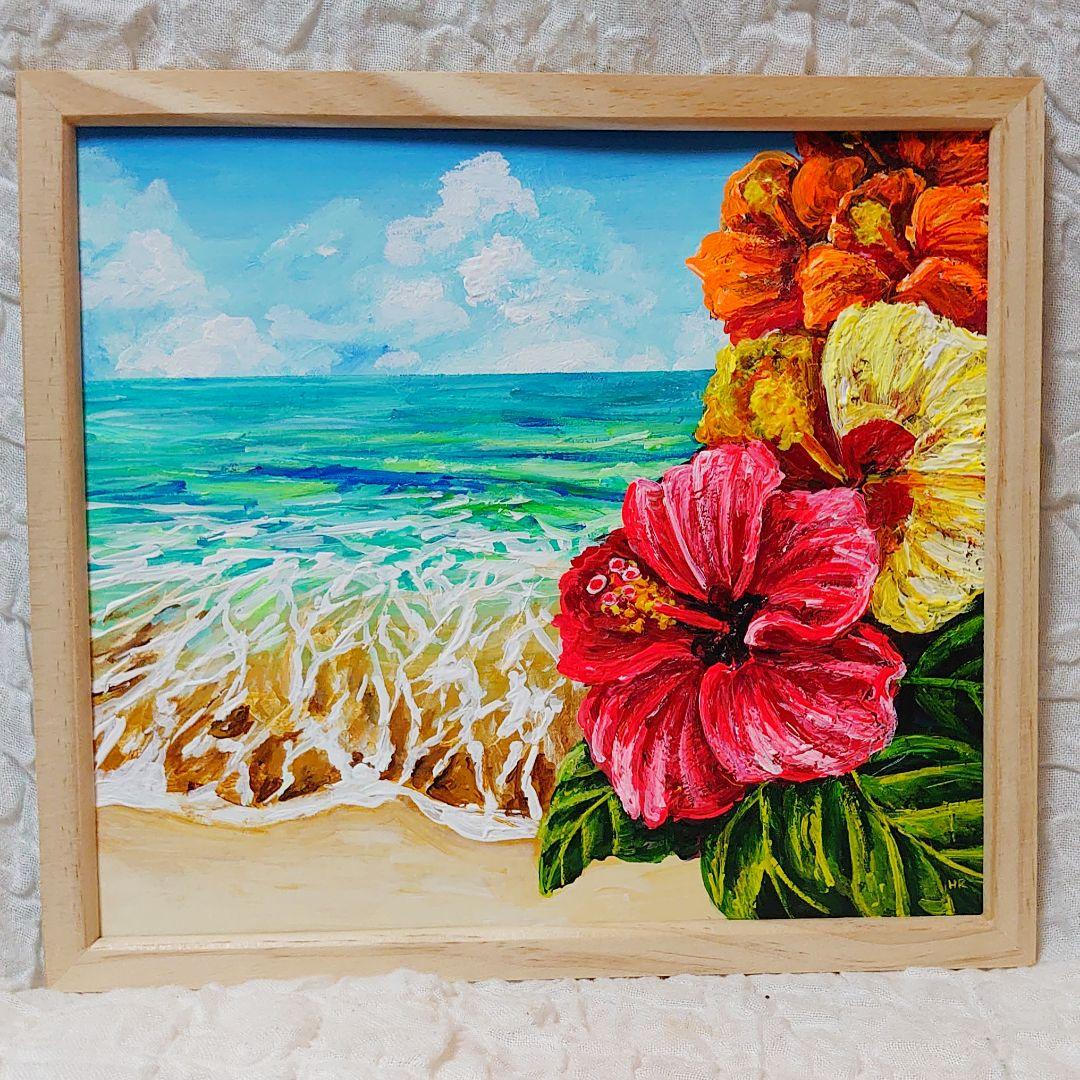 油絵 絵画【海とハイビスカス】