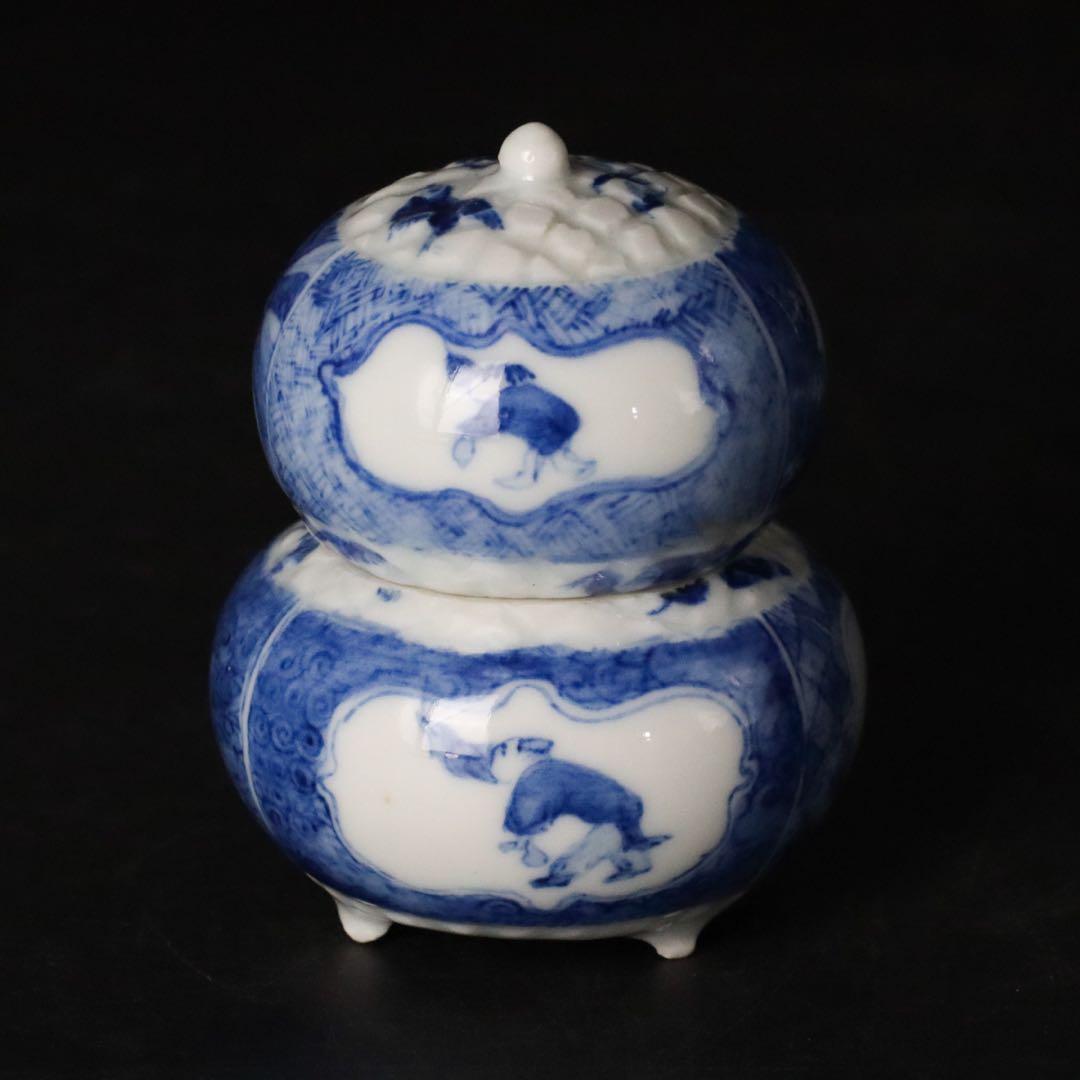 二代 清風与平 染付 唐子図香合 共箱 茶道具